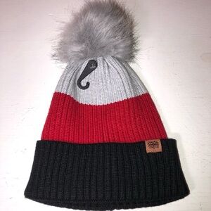 Britts Knits Red, Gray and Black Kids Pom-Pom Beanie, NWOT, pet/smoke free home